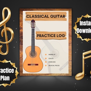 Könnte beinhalten: Ein druckbarer Übungsplan für klassische Gitarre mit Holzmaserung. Der Plan enthält Abschnitte für Aufwärmen, Tonleitern, Übungen und Musikstücke. Der Text "Classical Guitar Practice Log" befindet sich oben auf der Seite. Der Text "Instant Download" befindet sich in einem goldenen Kreis.