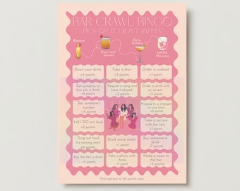 May include: A pink and white bingo card with the title "Bar Crawl Bingo: Pics or it didn't happen". The card has a grid of 5 rows and 3 columns with different challenges and point values for each. The challenges include drinking specific cocktails, getting someone to buy you a drink, taking a photo with a specific person, and making a toast to the hen.