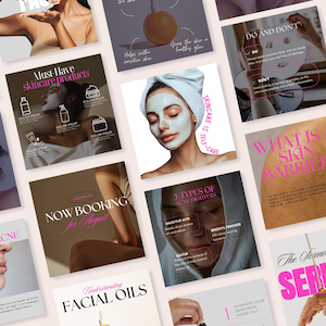 May include: A collage of Instagram posts about skincare, featuring images of products, skin care tips, and text about different skin care topics. The text includes phrases like "Must-Have Skincare Products", "Skincare is Self-Care", "What is a Skin Barrier?", and "The Science Behind Serums".