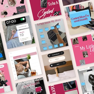 Peut inclure: Un ensemble d'images numériques roses et blanches avec divers thèmes. Certaines images présentent du texte tel que "Content Creator Essentials", "A Peek Inside My Brain" et "My Little Life". D'autres montrent un ordinateur portable, un téléphone et un calendrier.
