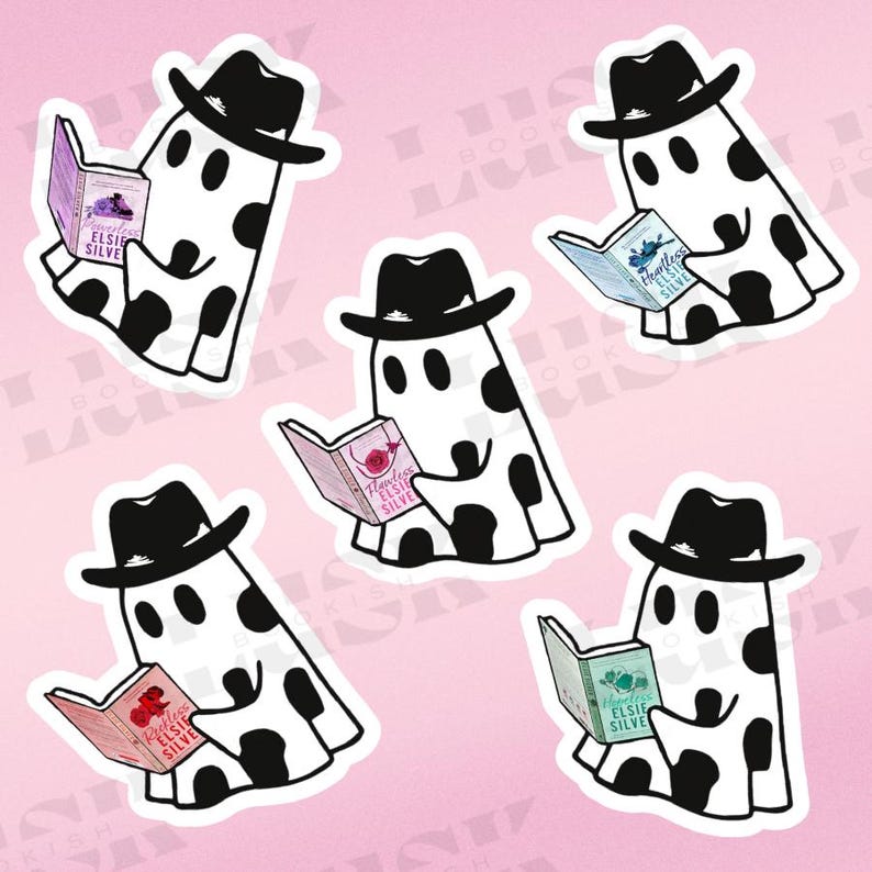 May include: A collection of stickers featuring cartoon ghosts wearing black hats and reading books. The ghosts are white with black spots. The book covers display titles like "Flawless" and "Heartless" by Elsie Silver. The background is a soft pink.