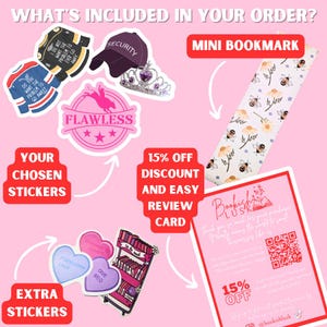 May include: A collection of stickers, a bookmark, and a card with text on a pink background. Stickers include a black baseball cap with "Security" text, a crown, and various graphic designs. The bookmark features bees and flowers.