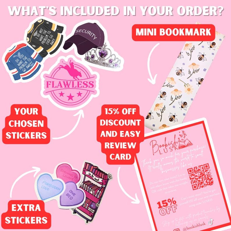 May include: A collection of stickers, a bookmark, and a card with text on a pink background. Stickers include a black baseball cap with "Security" text, a crown, and various graphic designs. The bookmark features bees and flowers.
