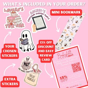 May include: A collection of stickers, a mini bookmark, and a review card are displayed on a pink background. The stickers feature book-related themes, including a stack of books, a ghost reading, and a tote bag. The bookmark has a floral and bee pattern.