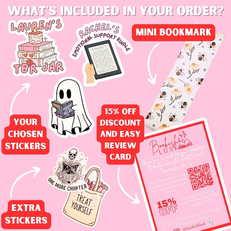 May include: A collection of stickers, a mini bookmark, and a review card are displayed on a pink background. The stickers feature book-related themes, including a stack of books, a ghost reading, and a tote bag. The bookmark has a floral and bee pattern.