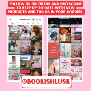 Puede incluir: Fondo rosa con dos feeds de Instagram. El banner superior dice: "S&Iacute;GUENOS EN TIKTOK E INSTAGRAM PARA ESTAR AL D&Iacute;A DE LOS NUEVOS PRODUCTOS Y ETIQU&Eacute;TANOS EN TUS GOODIES". El banner inferior dice "@BOOKISHLUSK."