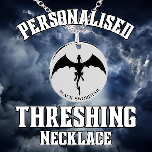 May include: Personalised silver necklace with a black dragon pendant. The pendant has the text "Black Swordtail" on it. The necklace is against a cloudy sky background.