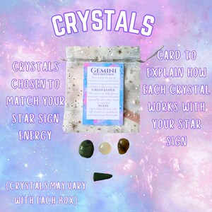 Puede incluir: Una colecci&oacute;n de cristales, incluyendo jaspe verde y &aacute;gata, con una tarjeta que explica sus propiedades. El texto dice "CRISTALES ELEGIDOS PARA COMBINAR CON TU ENERG&Iacute;A DE SIGNO ESTELAR". Los cristales est&aacute;n en una peque&ntilde;a bolsa.