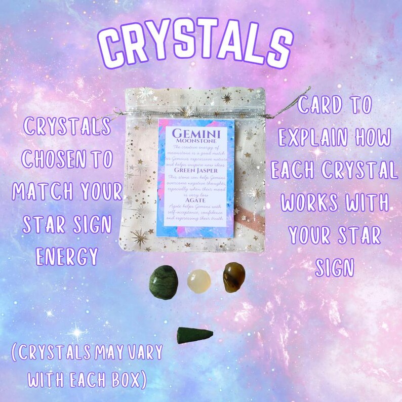 Puede incluir: Una colecci&oacute;n de cristales, incluyendo jaspe verde y &aacute;gata, con una tarjeta que explica sus propiedades. El texto dice "CRISTALES ELEGIDOS PARA COMBINAR CON TU ENERG&Iacute;A DE SIGNO ESTELAR". Los cristales est&aacute;n en una peque&ntilde;a bolsa.