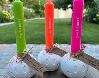 Kerzenhalter Konfetti / Kerzenständer / Kerzenhalter für Stabkerzen / mit neon farbigen Kerzen/ lächelndes Gesicht