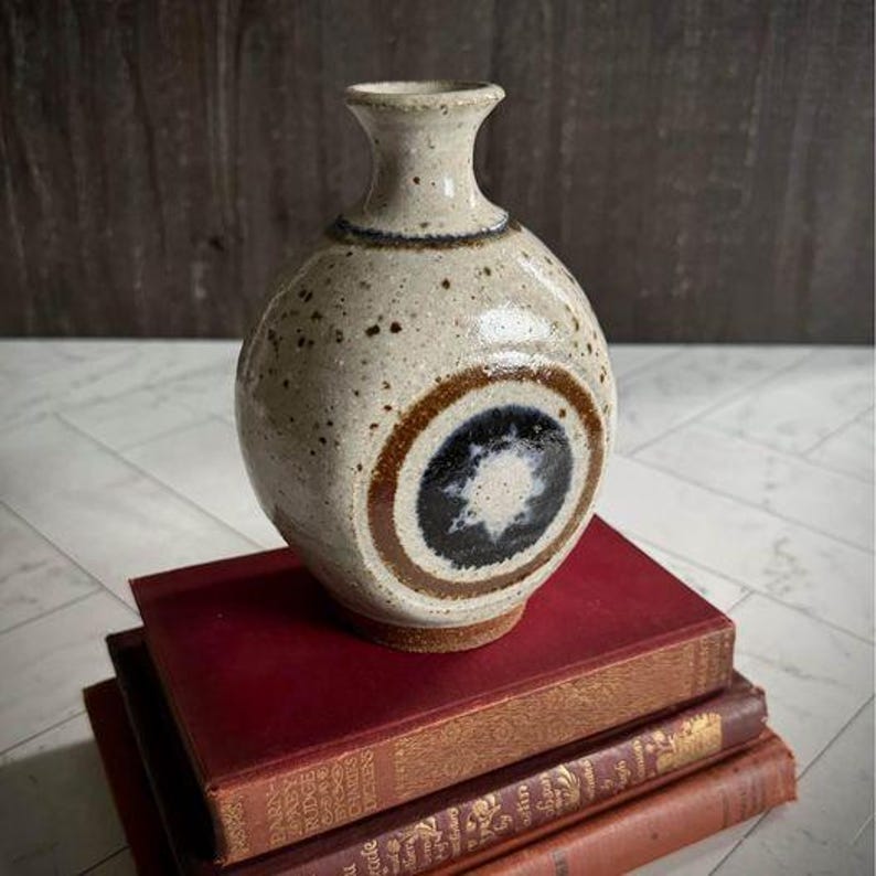 Mid Century Modern Studio Pottery Stoneware Flask Vase W Speckled Glaze ...