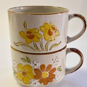 Vintage Korean Stoneware Soup Mugs - JMP Casualstone 307 + 308 - daisys tulips dogwoods
