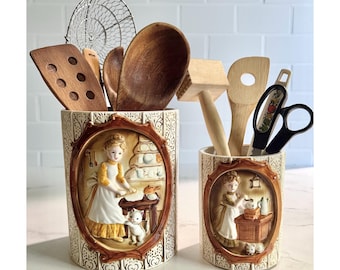 Vintage 70s Ceramic Utensil Holders/Canisters -Country Girl and Cat - Sears Roebuck - No Lids