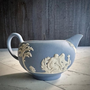 Vintage Wedgwood Jasperware Milk Pitcher Creamer - Pale Light Blue - Greek Roman Imperial Motif - Mint