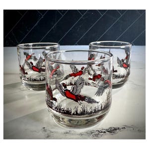 3 Vintage Low Ball Cocktail Glasses w Waterfowl Game Birds Flying Pheasants Hunting Nature Theme MCM