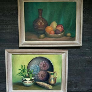 CHARMING Vintage Pair of Mid Century Modern Original Oil Paintings- Still Life Tabletop Motif - Great Colors - Cool Wood Frames - 14” x 19”