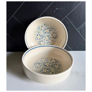 May include: Two off-white ceramic bowls with a floral pattern of white daisies and blue accents. Each bowl has a blue rim. The bowls are likely for serving food or as decorative pieces.