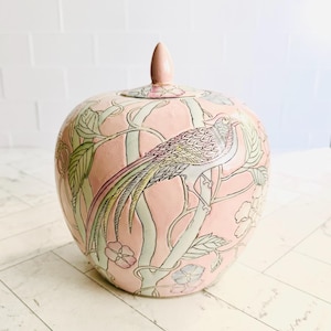 Beautiful Vintage WBI Lidded Jar Vase w Hand Painted Exotic Birds and Jungle Foliage in Pinks Blues