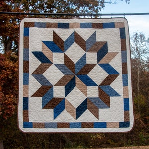 Handmade Carpenter Star Quilt: Blue & Brown Lap Quilt (59&quot;x59&quot;)