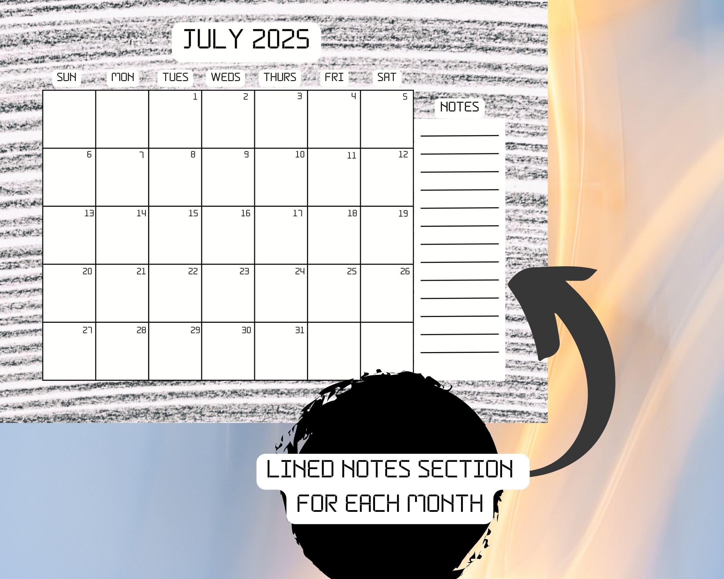 2025 Printable Calendar, Monthly Planner With Notes, Letter Size Wall Calendar, Digital Monthly