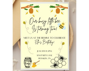 Editable Busy Little Bee Birthday Invitation Template, Digital Download, Bee Themed Birthday Party, Busy Bee, Birthday Party Invitation