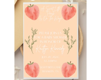 May include: Peach-themed baby shower invitation with watercolor peach illustrations and the text "A Sweet Little Peach Is On The Way!"  Please join us for a baby shower in honor of Kaitlyn Kennedy. July 20, 2024 at 2:00 PM. 1234 Party Lane, Franklin, IN. Instant Download!