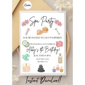 Editable Spa Birthday Invitation Template, Pamper Party, Spa Themed Birthday Party, Spa Birthday Party