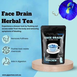 May include: A black pouch with a blue herbal tea blend called "Face Drain" inside. The pouch has a white label with the text "Face Drain Blue Herbal Tea Blend" and "Eliminates Water Retention & Puffiness GigaChew".