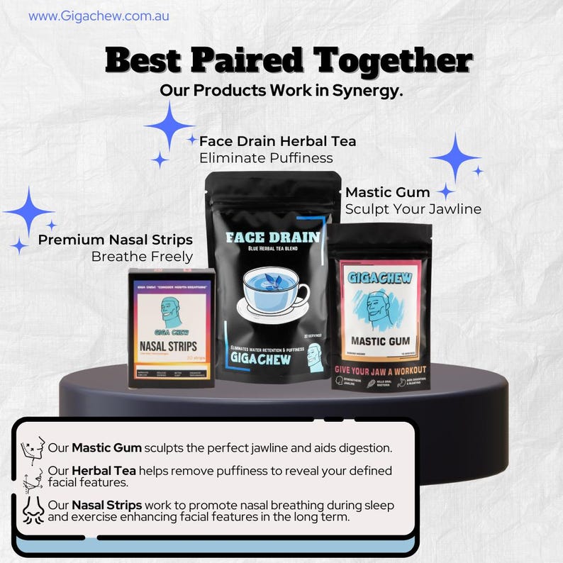 May include: Three product packages for a face drain herbal tea, nasal strips, and mastic gum. The packages are black with white text and feature illustrations of the products. The text on the packages reads "Face Drain", "Nasal Strips", and "Mastic Gum".