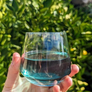 May include: A glass filled with a bright blue liquid, held in a hand against a blurred background of green foliage.