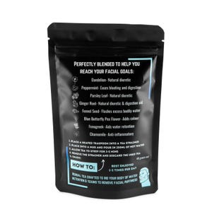 May include: Black pouch with white text describing a herbal tea blend for facial puffiness. The text lists ingredients like dandelion, peppermint, parsley leaf, ginger root, fennel seed, blue butterfly pea flower, fenugreek, and chamomile. The pouch includes instructions for brewing the tea and mentions that it is best enjoyed 1-2 times per day. The pouch is labeled "40 grams net".