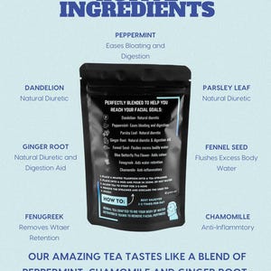 May include: A black and blue pouch with a white label that reads "Perfectly Blended to Help You Reach Your Facial Goals." The label lists the ingredients of the tea blend, including dandelion, peppermint, parsley leaf, ginger root, fennel seed, blue butterfly pea flower, fenugreek, and chamomile. The tea is designed to help with bloating, digestion, and water retention.
