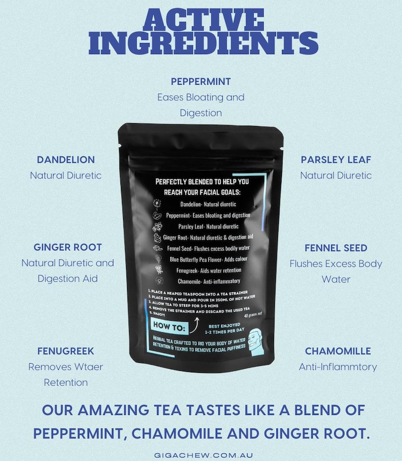 May include: A black and blue pouch with a white label that reads "Perfectly Blended to Help You Reach Your Facial Goals." The label lists the ingredients of the tea blend, including dandelion, peppermint, parsley leaf, ginger root, fennel seed, blue butterfly pea flower, fenugreek, and chamomile. The tea is designed to help with bloating, digestion, and water retention.