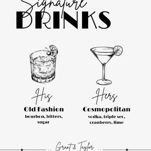 Custom Cocktail Sign - His and Hers Bar Menu - Custom Wedding Drinks - Signature Drinks Sign - Editable File