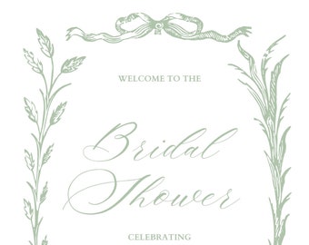 Bridal Shower Welcome Sign Template, Sage green, Elegant Toile, Vintage Grandmillennial Bridal Decor with Bow