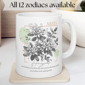 Taza del zodiaco de 325 ml: taza de café de cerámica astrológica, regalo de horóscopo para ella, arte floral, luna y estrellas de cumpleaños, tarot y té, taza con la carta astral