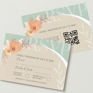 Cartão RSVP de casamento Boho Elegance - Modelo Canva editável - Opção manuscrita e código QR incluída - Download instantâneo - 5 x 3,5 polegadas