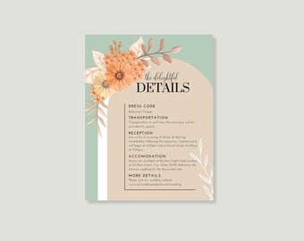 Boho Elegance Wedding Details Card - Rustic Chic Wedding Invitation Insert - Editable Canva Template - Instant Download - 4.25 x 5.5 inch