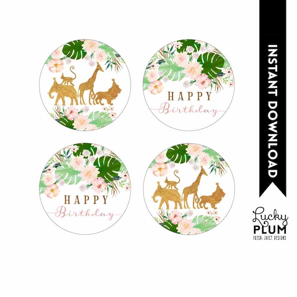 Girl Safari Cupcake Toppers / Pink Gold Animals Round Labels / Pink Jungle Cupcake Toppers / Elephant Giraffe / DIY Printable SF05