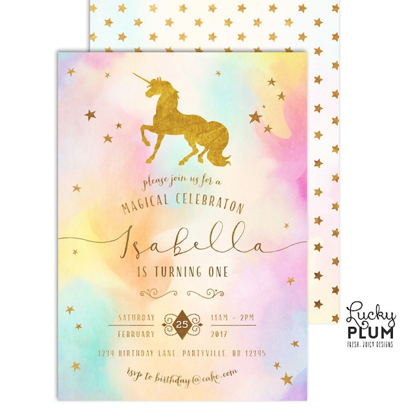 Unicorn Birthday Invitation / Rainbow Unicorn Invitation / First Birthday Invitation / Rainbow Birthday / Colorful Gold Modern UC02