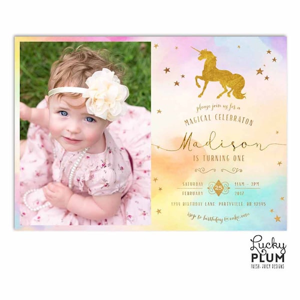Unicorn Birthday Invitation / Rainbow Unicorn Invitation / First Birthday Invitation / Rainbow Birthday / Colorful Gold Modern UC02