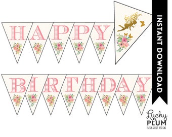 Fairy Banner / Fairy Bunting / Garden Banner / Flower Banner / Pixie Banner / Pink Gold Banner / DIY Printable FY01