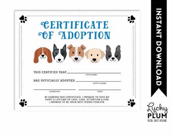 Dog Adoption Certificate / Puppy Adoption Certificate / Doggie Adoption Certificate / Canine Adoption Certificate / DIY Printable DG01