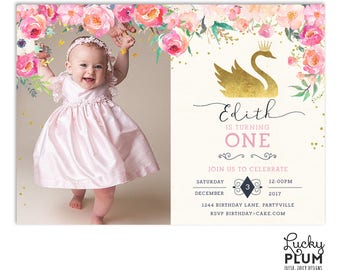 Swan Birthday Invitation / Swan Princess Invitation /  First Birthday Invitation / Photo Garden Chic Pink *Digital Printable SW01