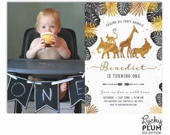 Photo Gold Safari Birthday Invitation / Jungle First Birthday Invitation / Zoo Animal Birthday Invite / Jungle Boho Boy / Printable SF02