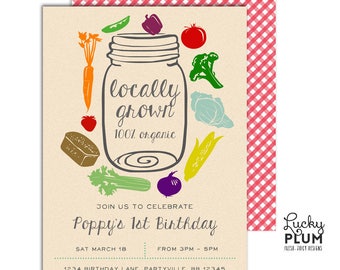 Farmer's Market Birthday Invitation / Locally Grown Birthday Invitation / Farm Birthday Invitation / Organic Mason Jar Rustic Vintage FM04