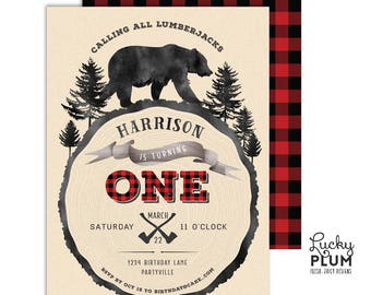 Lumberjack Birthday Invitation / Lumberjack First Birthday Invitation / Bear Birthday Invitation / Woodland Buffalo Plaid Rustic