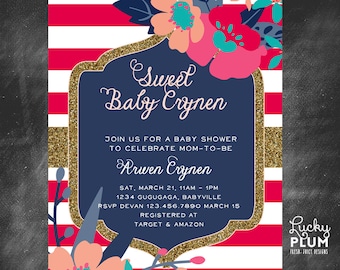 Flower Baby Shower Invitation / Tropical Floral Invite / Modern Baby Invite / Gold Glitter Invitation /  Stripes Invite / *Digital file*