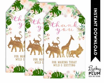 Pink Safari Favor Tag / Floral Flower Safari Gift Tag / Pink Gold Safari Thank You Tag / Jungle Elephant Giraffe Lion / DIY Printable SF05