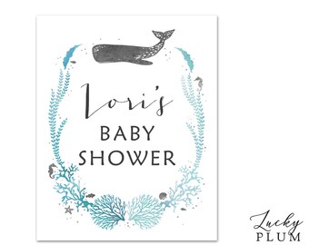 Whale Baby Shower Sign / Whale Birthday Poster / Nautical Welcome Sign / Ocean Anchor Octopus Starfish Seashells Blue Silver WH04